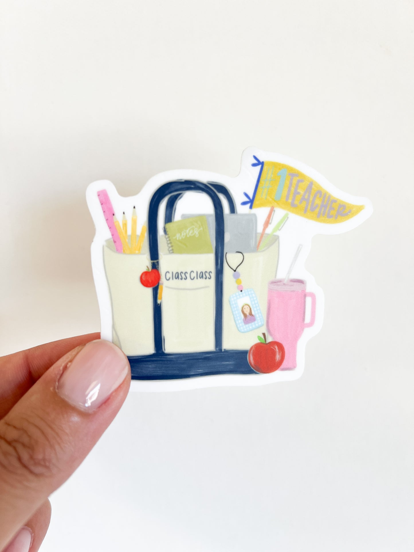 Teacher Tote Bag Sticker – #1 Teacher Flag, Coffee Cup & Classroom Supplies - Grandmillennial
