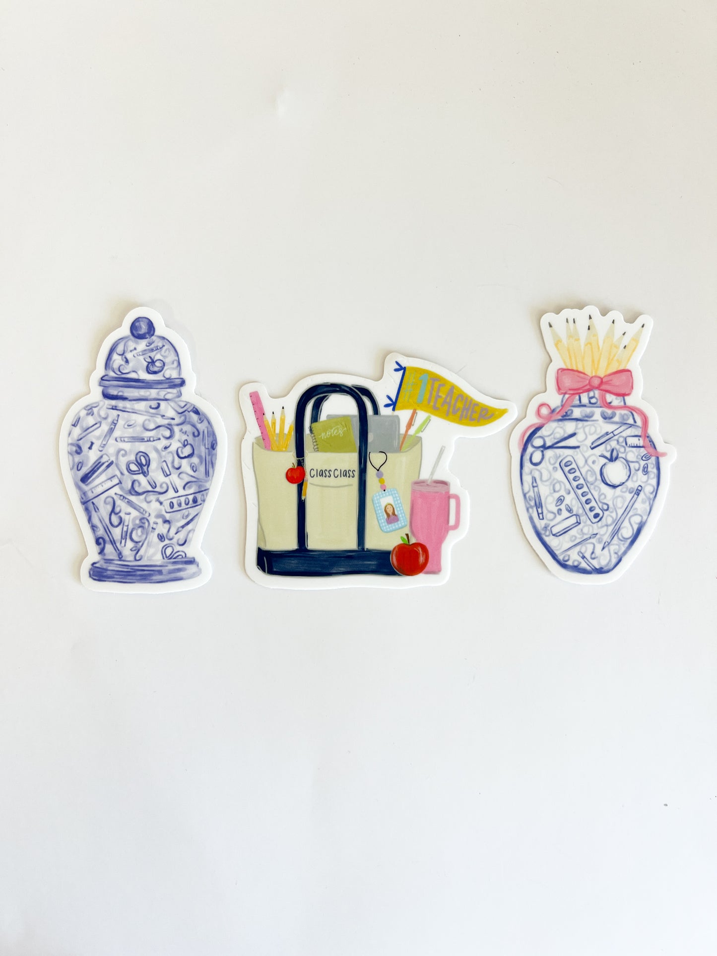 Ginger Jar Teacher Sticker Pencil Bouquet, Blue & White, Grandmillennial School Supplies Design