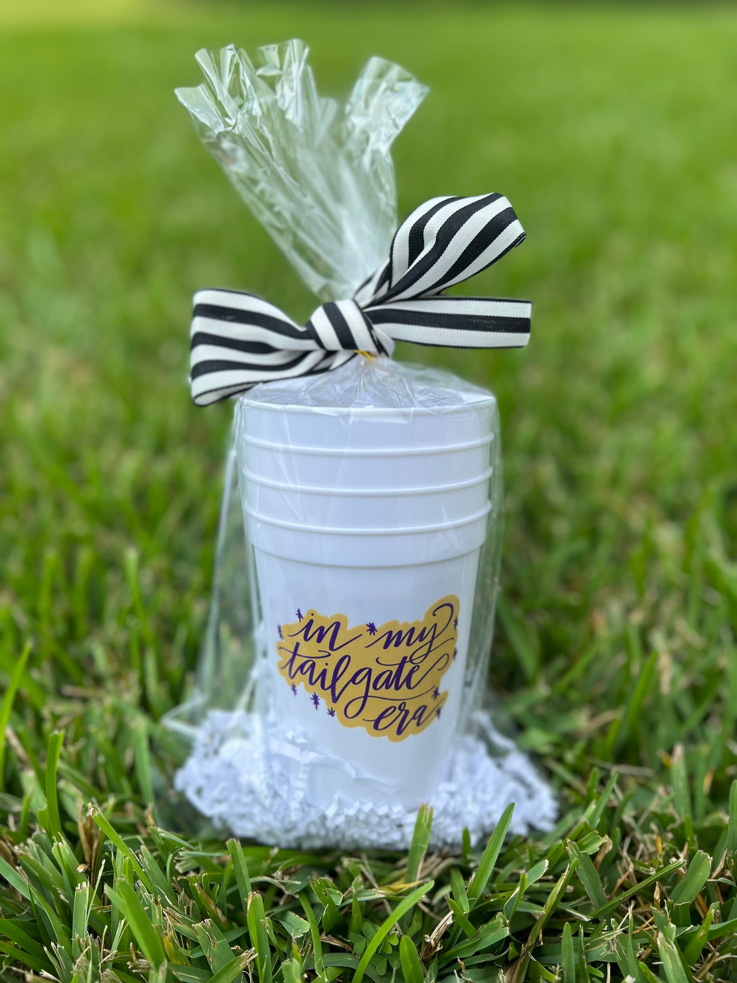 “In my tailgate era” tailgate cups, gold and purple, Harrisonburg, JMU