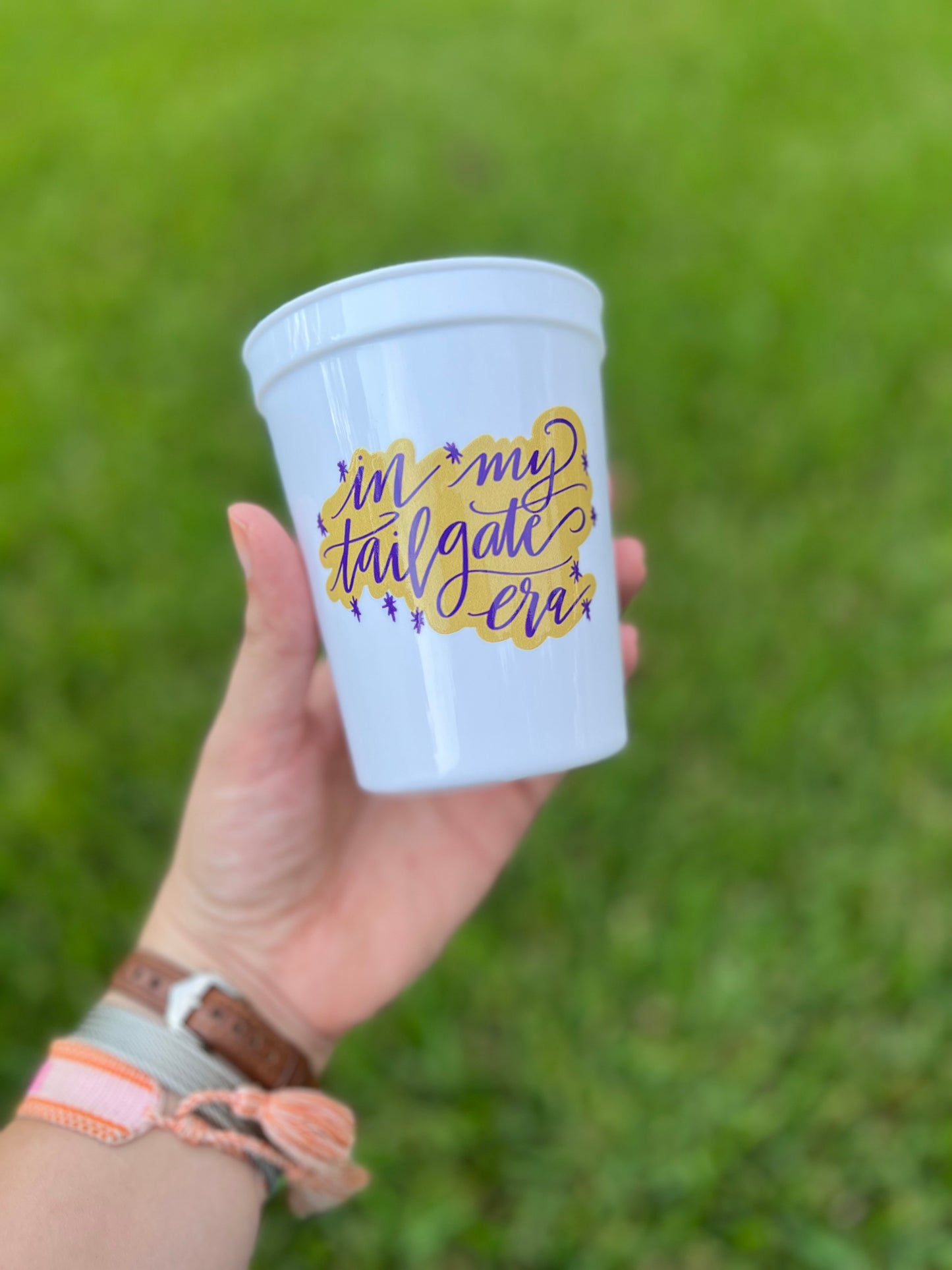 “In my tailgate era” tailgate cups, gold and purple, Harrisonburg, JMU
