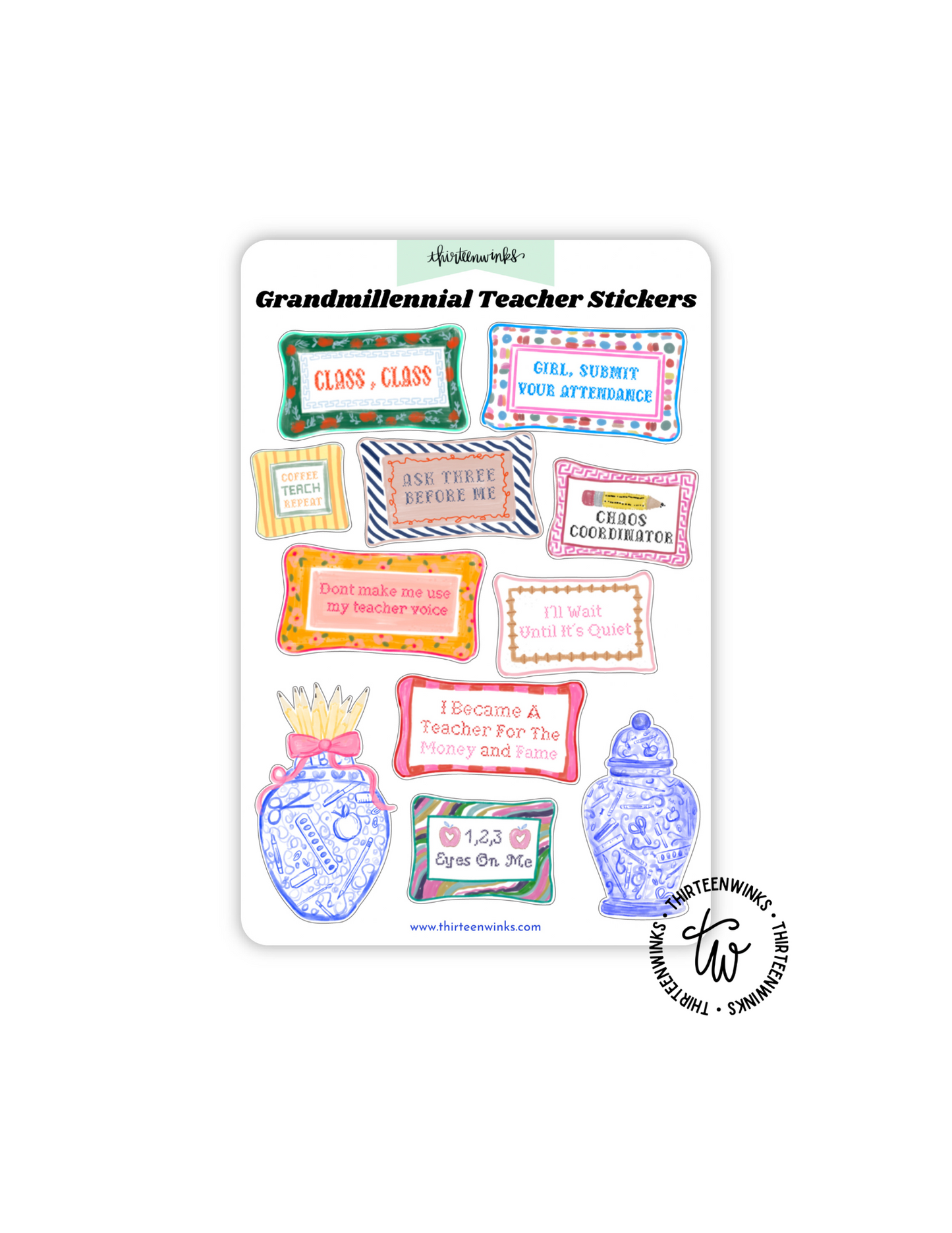 Grandmillennial Teacher Sticker Sheet – Funny Quotes & Chinoiserie-Inspired Designs
