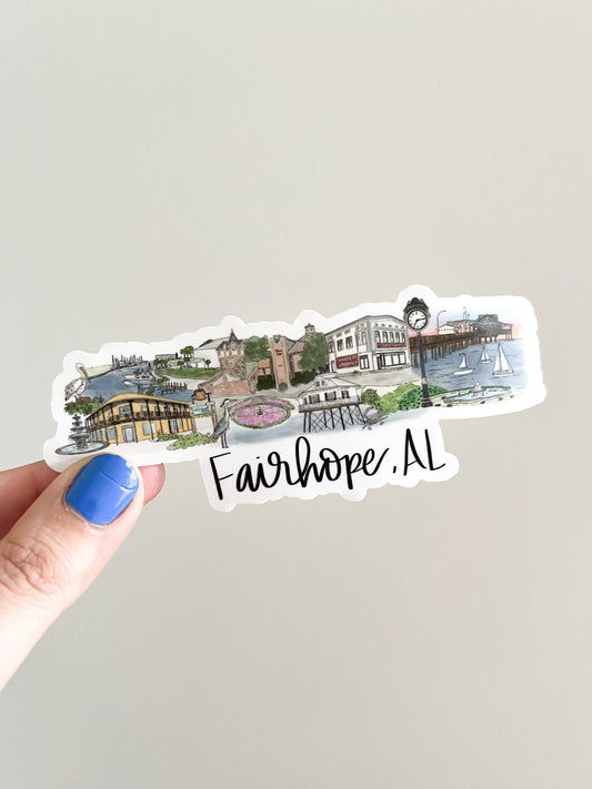 Fairhope, Alabama (Al) skyline sticker. Fairhope pier souviner, Alabama scrapbook sticker