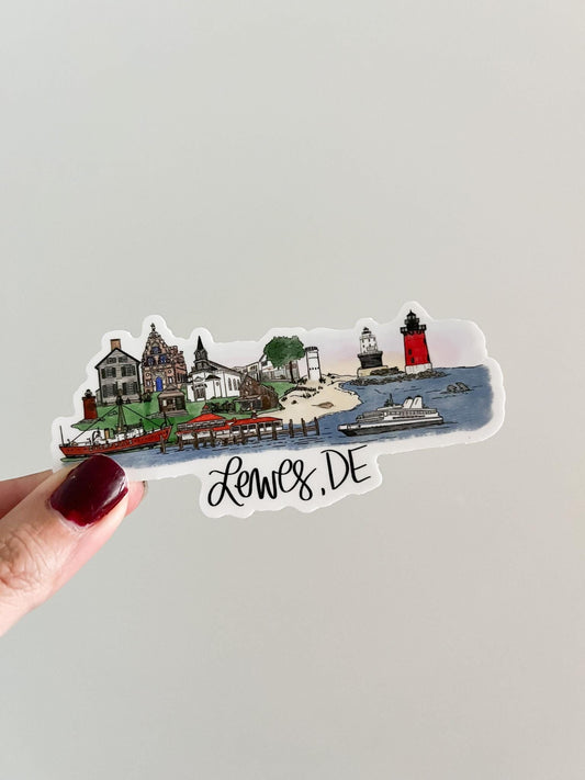 Lewes, Delaware (DE) Hand-Drawn Landmark Sticker – 4.5x2in Waterproof & Dishwasher Safe Vinyl