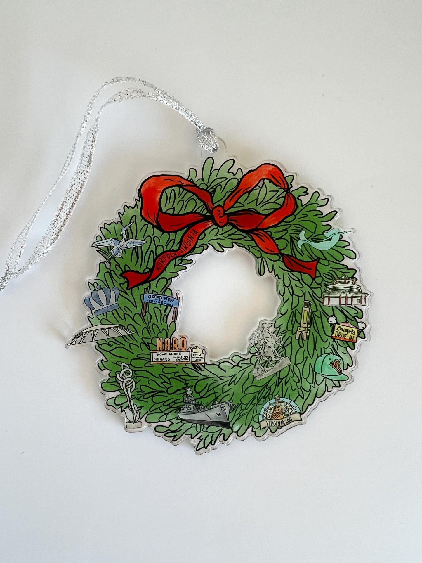 Norfolk, Virginia VA Landmarks Christmas Wreath Acrylic Ornament 4in