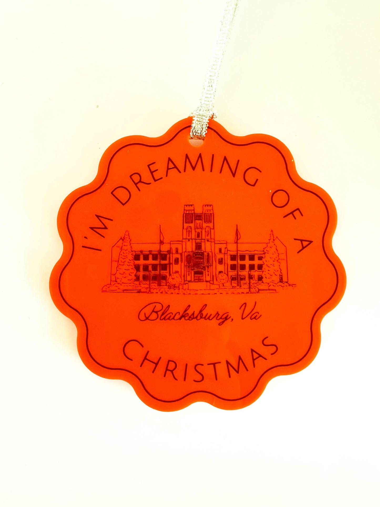 Blacksburg, VA Virginia Ornament - Orange and Maroon - Acrylic Scalloped Ornament
