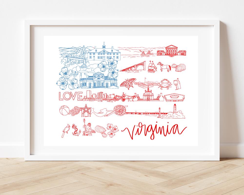 Virginia Art Print, 8x10 State Landmarks Illustration – Patriotic Red, white, & Blue Home Decor – Virginia Gift or Souvenir, July decor