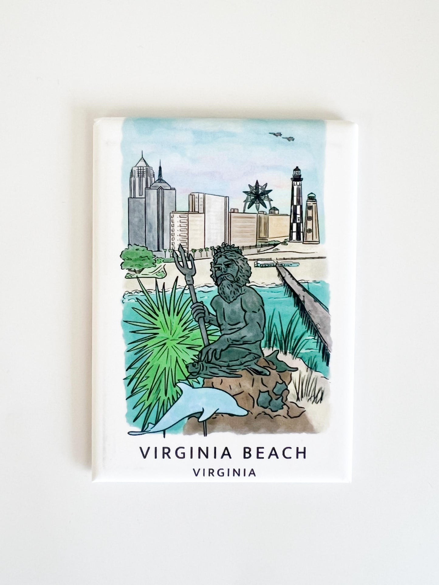 Virginia beach king Neptune skyline magnet, Virginia souvenir, hand-drawn beach skyline, 2.5“ x 3.5“