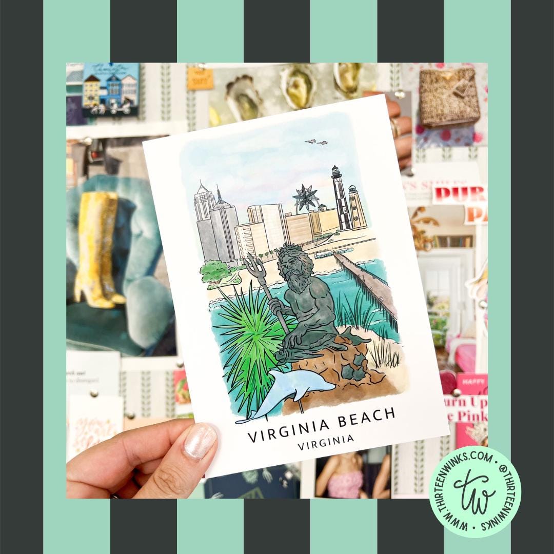 Virginia beach king Neptune skyline magnet, Virginia souvenir, hand-drawn beach skyline, 2.5“ x 3.5“