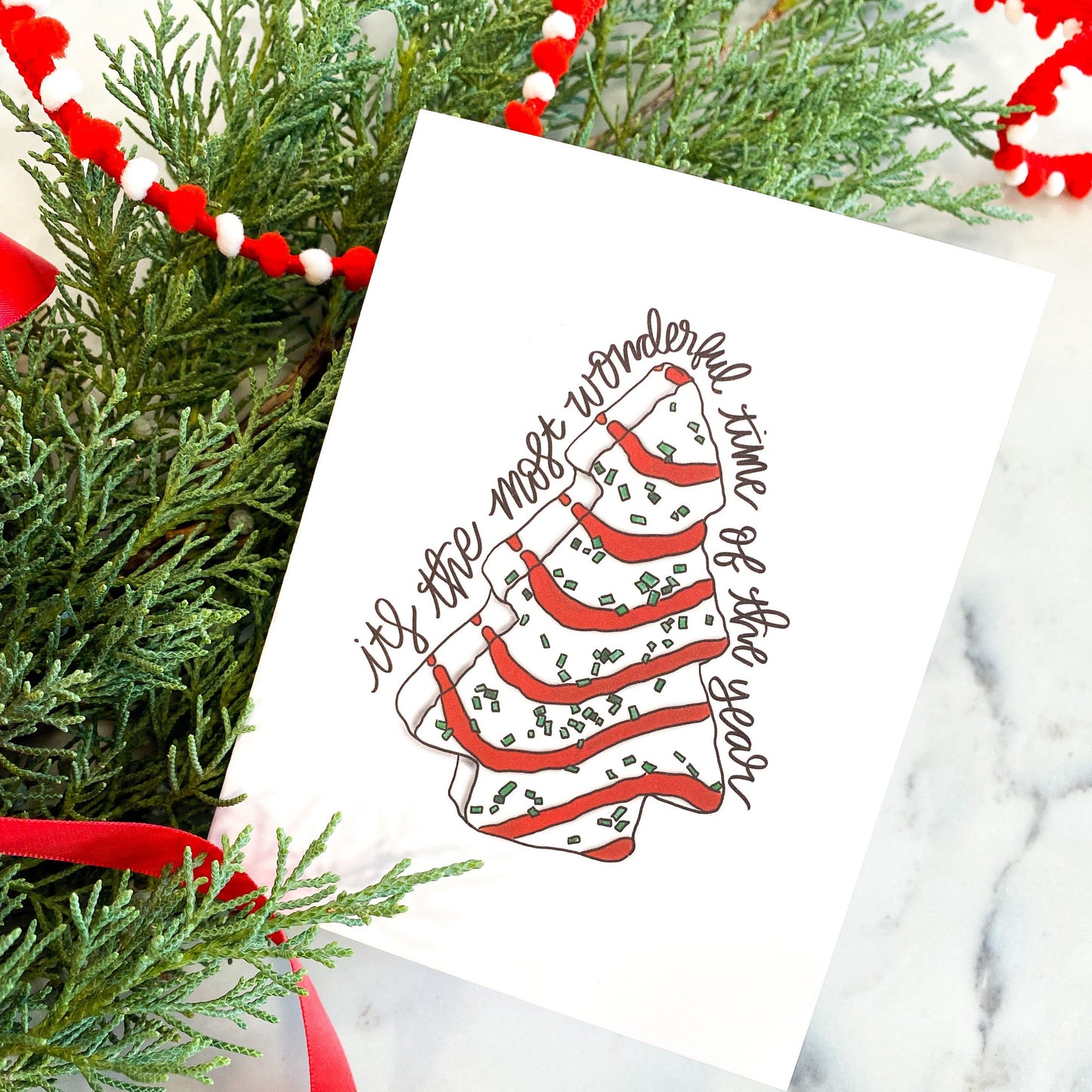 Christmas tree cake hand lettered card