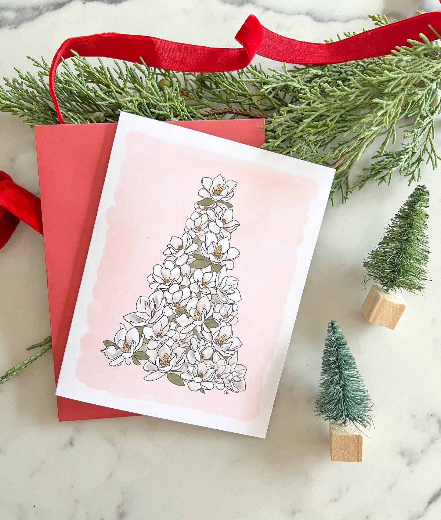 Magnolia Tree- Pink Christmas - Christmas Card