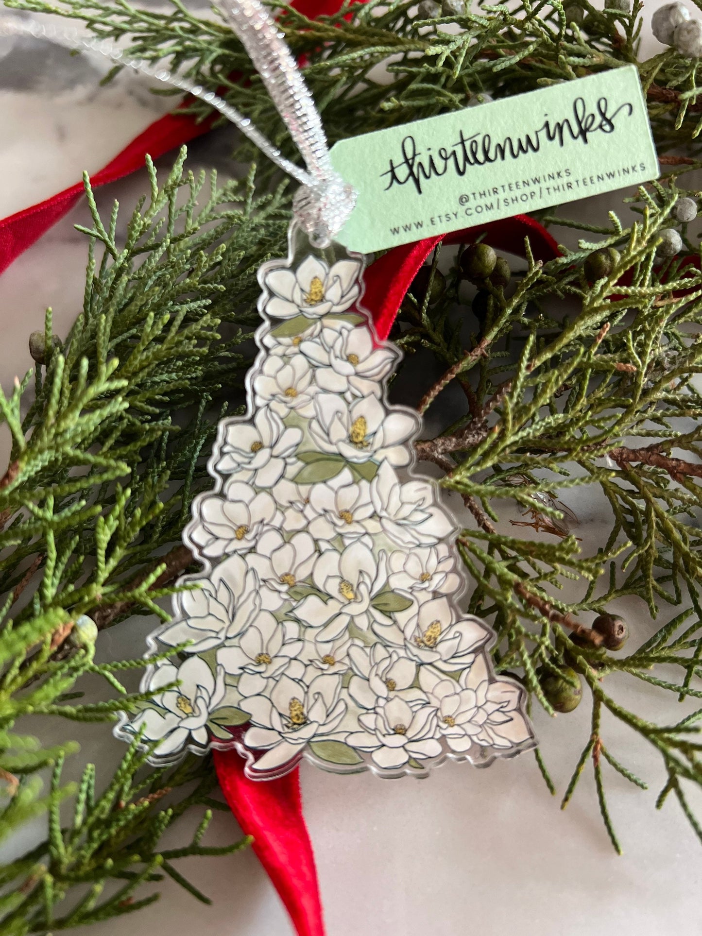 Magnolia Christmas tree acrylic holiday ornament