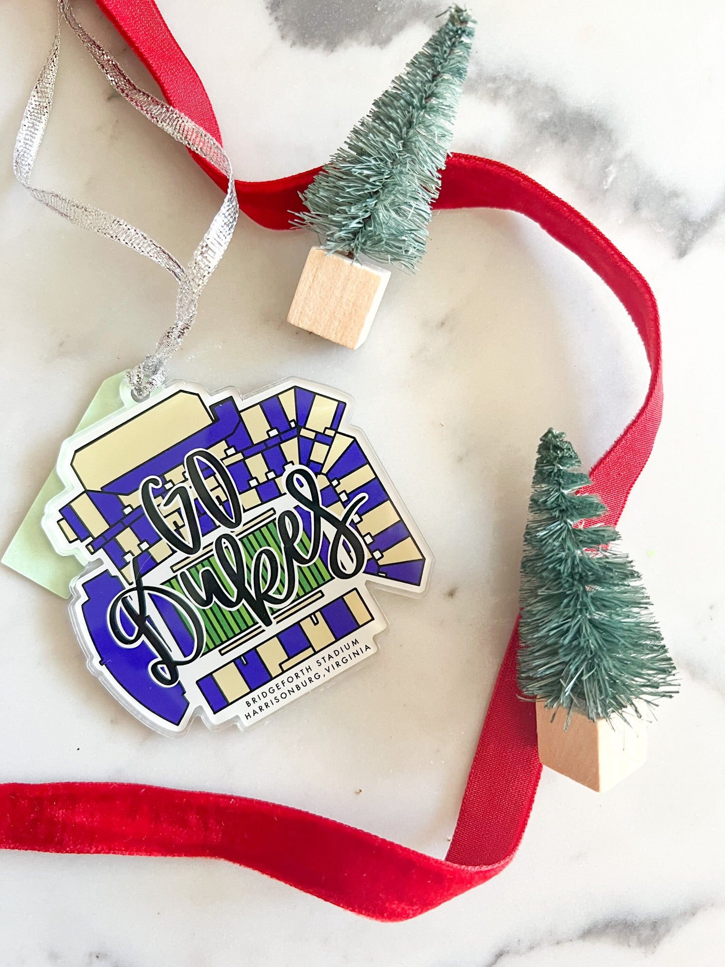 Go Dukes (JMU) Harrisonburg, Va acrylic stadium ornament