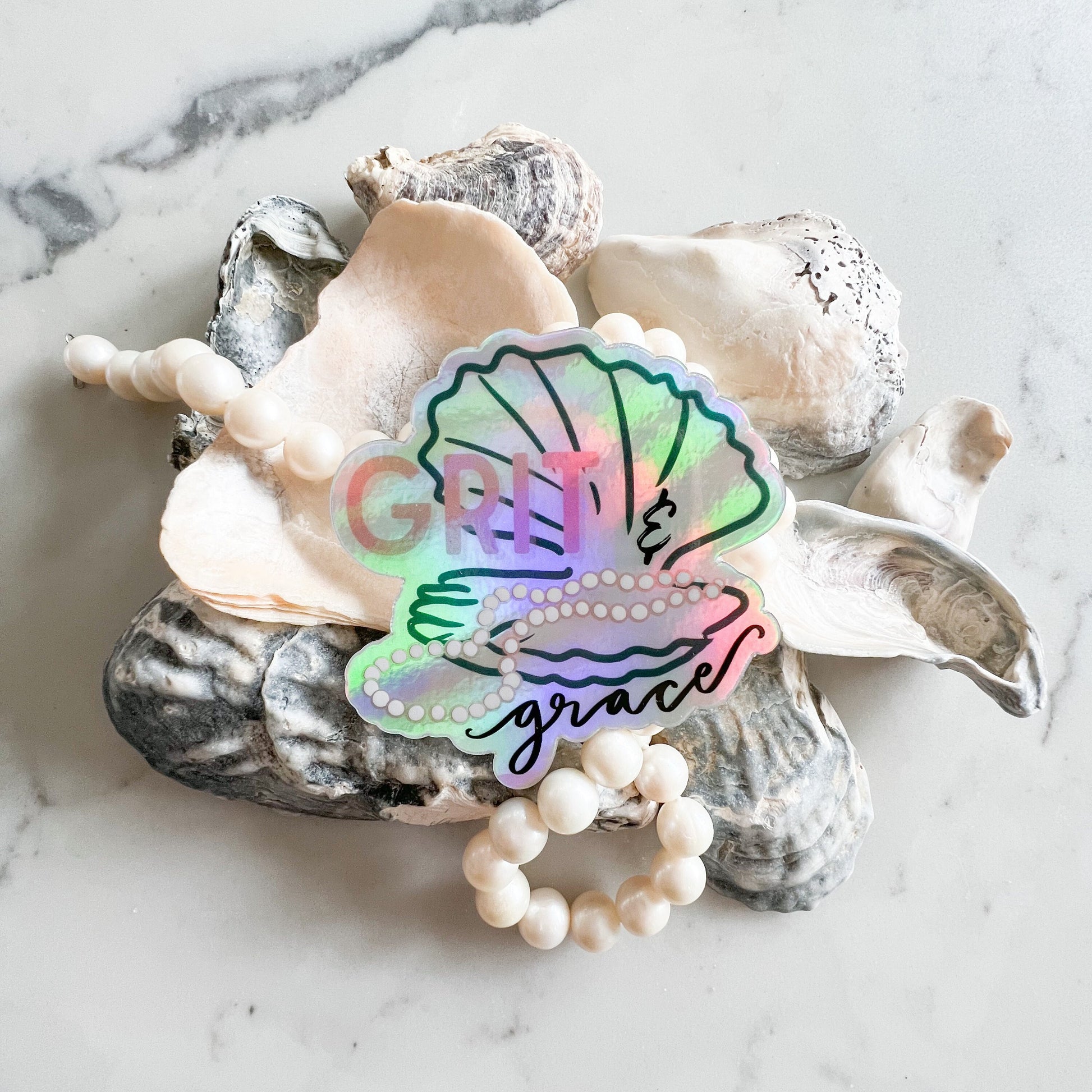 Grit and grace -pearl necklace oyster holographic sticker
