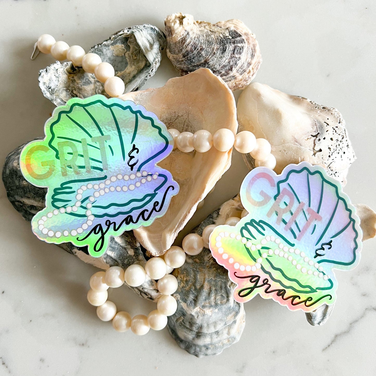 Grit and grace -pearl necklace oyster holographic sticker