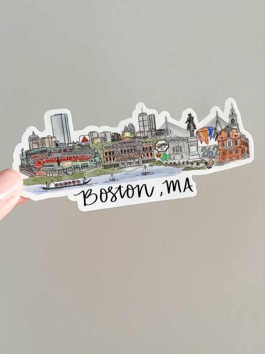 Boston, MA Massachusetts Skyline/landmark sticker - Fenway park - Celtics - ducklings - swan boats, laptop sticker water bottle sticker