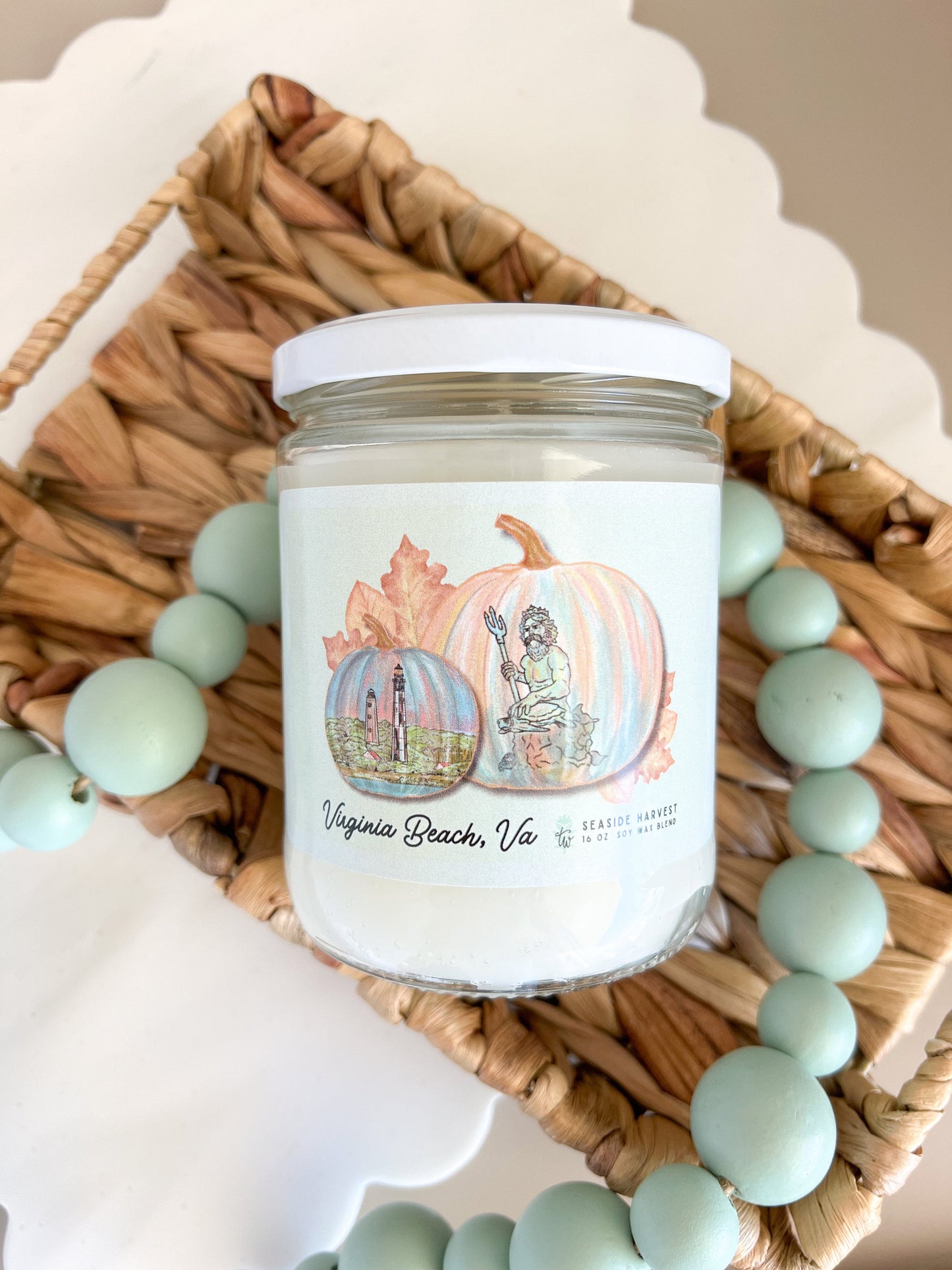 King Neptune and Cape Henry Lighthouse Pumpkin Candle - Virginia Beach, VA - Seaside Harvest, Coastal Fall decor, Coastal fall candle