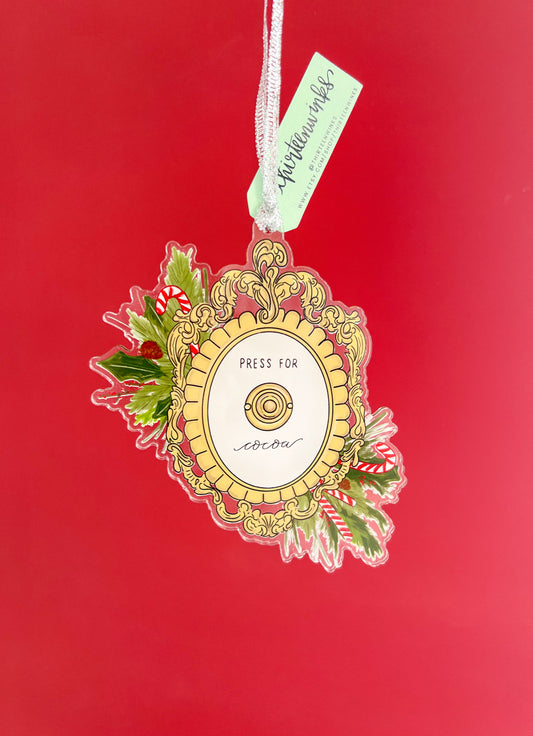 Press For Cocoa Christmas Ornament - Press for champagne - Hand lettered ornament