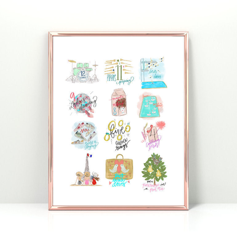 12 Days of Christmas - fun girly edition - pink, disco ball, Christmas print 8x10