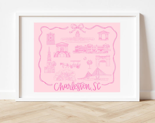 Charleston SC Landmark Print - Pink Coquette Bow style