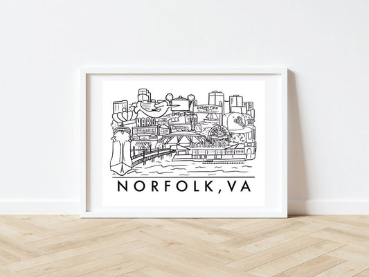 Norfolk Virginia Landmarks, Black and White Skyline Print 8x10