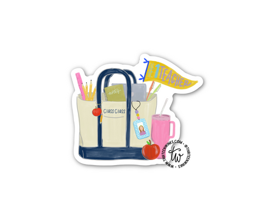 Teacher Tote Bag Sticker – #1 Teacher Flag, Coffee Cup & Classroom Supplies - Grandmillennial