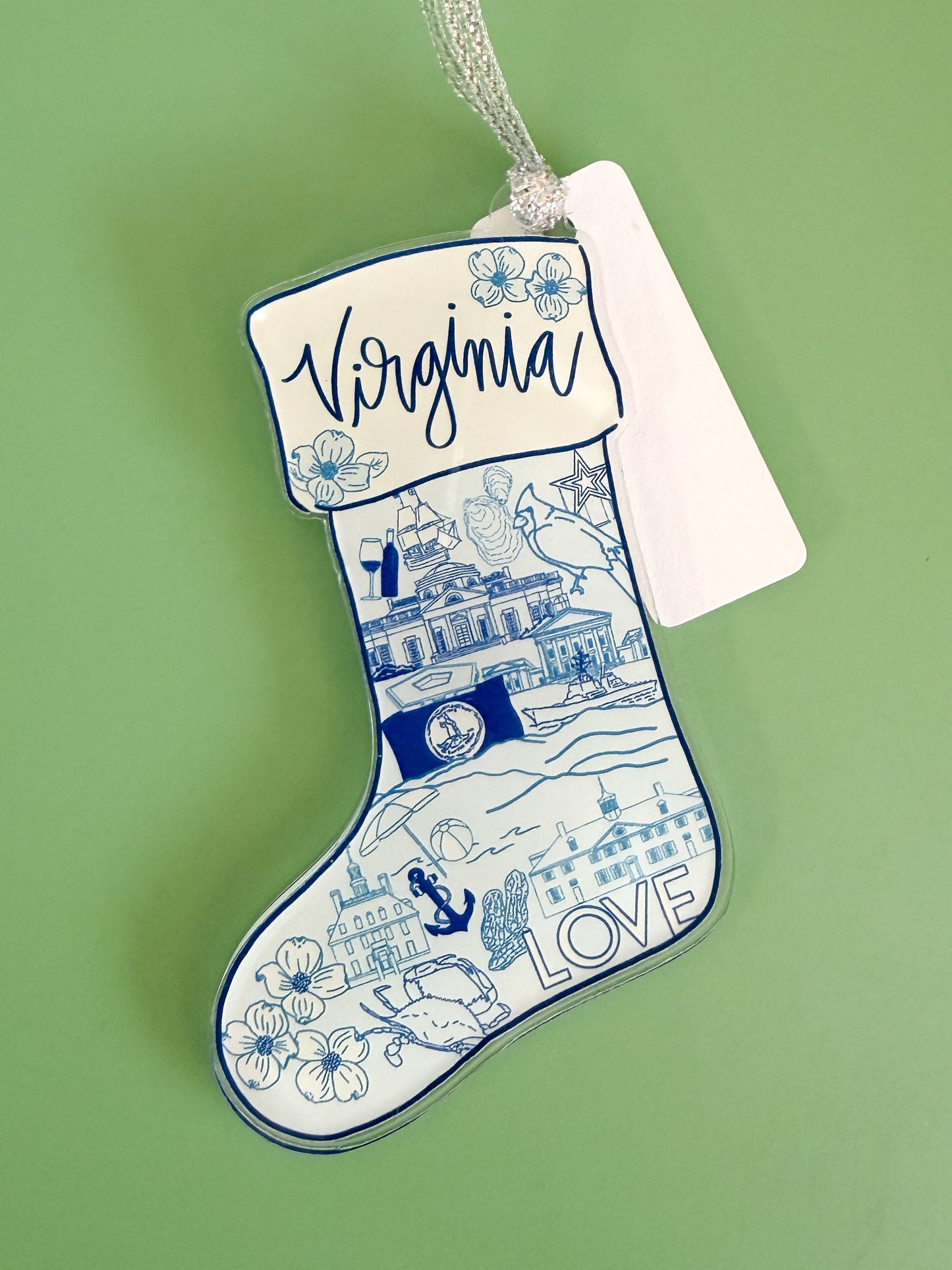 Virginia Blue and White Stocking Acrylic Ornament - VA