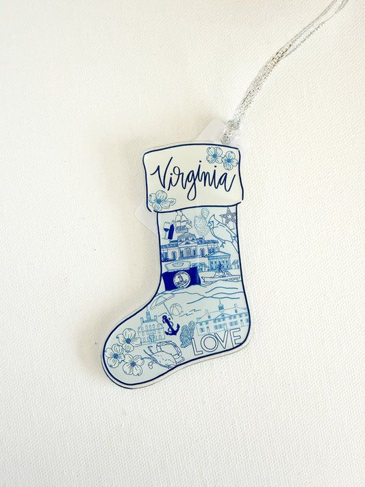 Virginia Blue and White Stocking Acrylic Ornament - VA