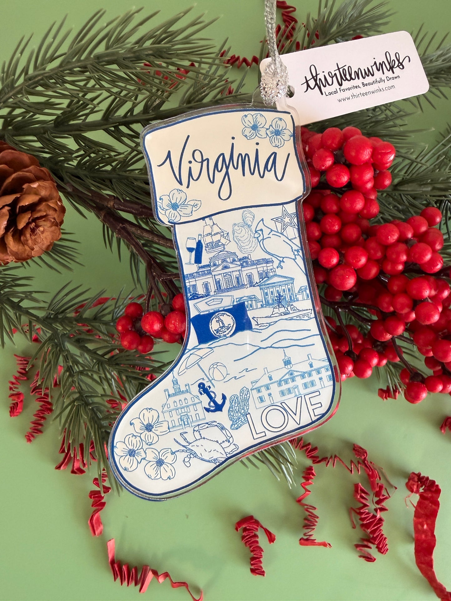 Virginia Blue and White Stocking Acrylic Ornament - VA