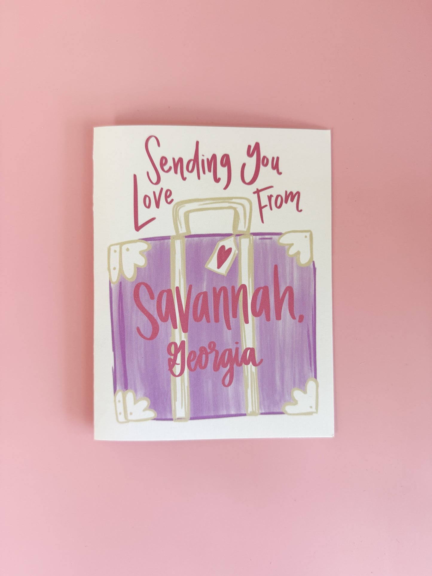 Custom City “Sending You Love From” Notecard – Purple Suitcase Design