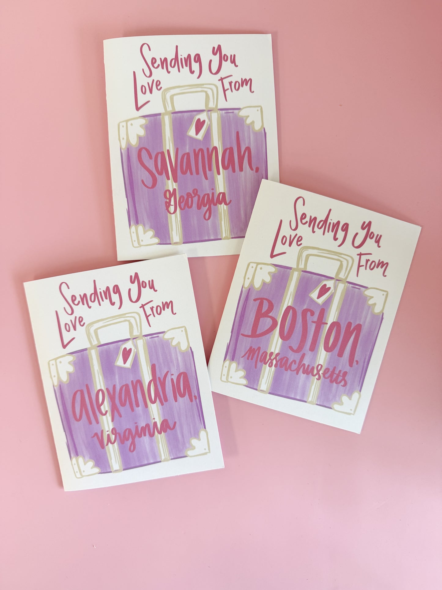 Custom City “Sending You Love From” Notecard – Purple Suitcase Design