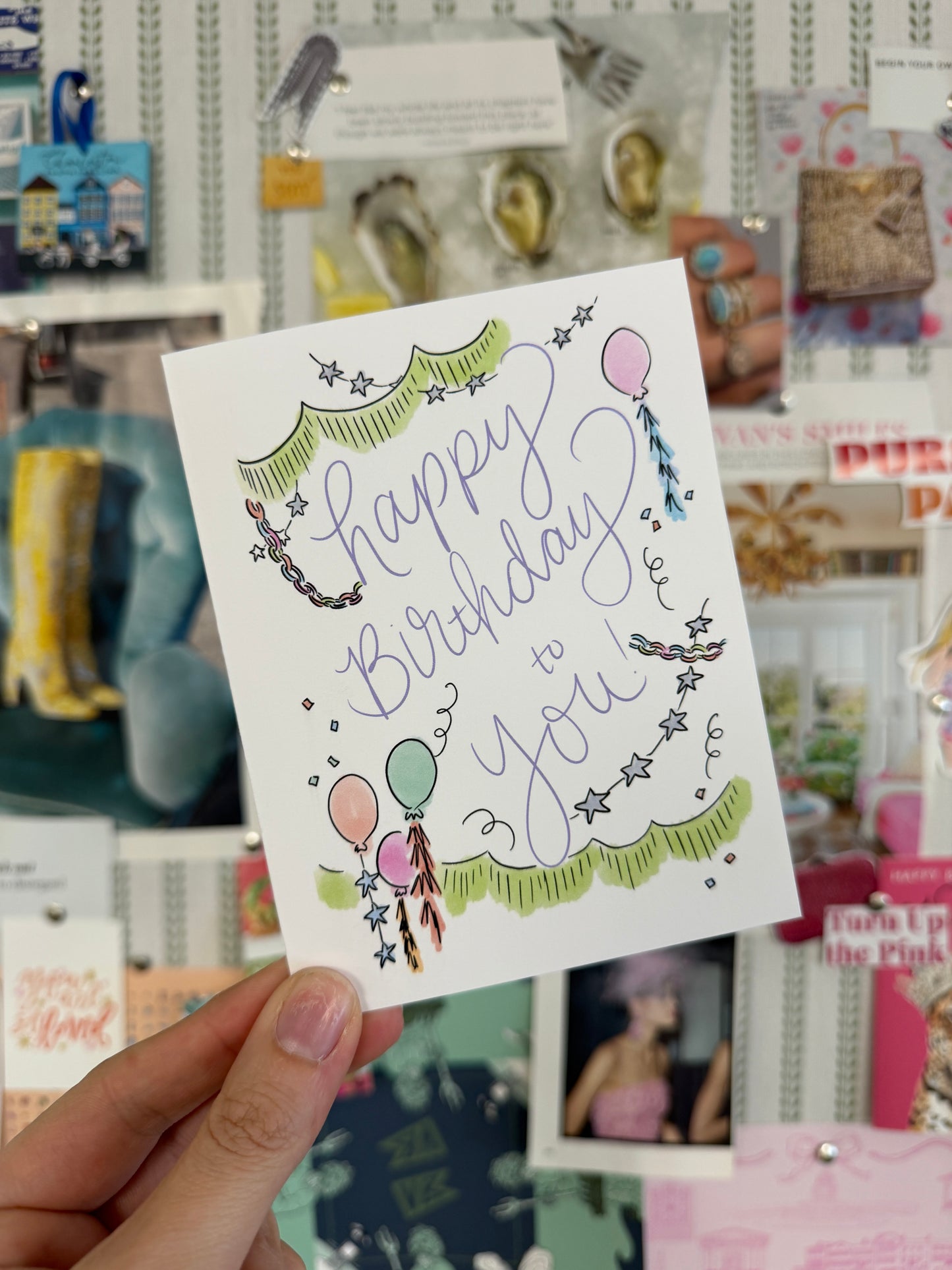 Party Decor Style Birthday Card - Watercolor look- Hand drawn birthday Card