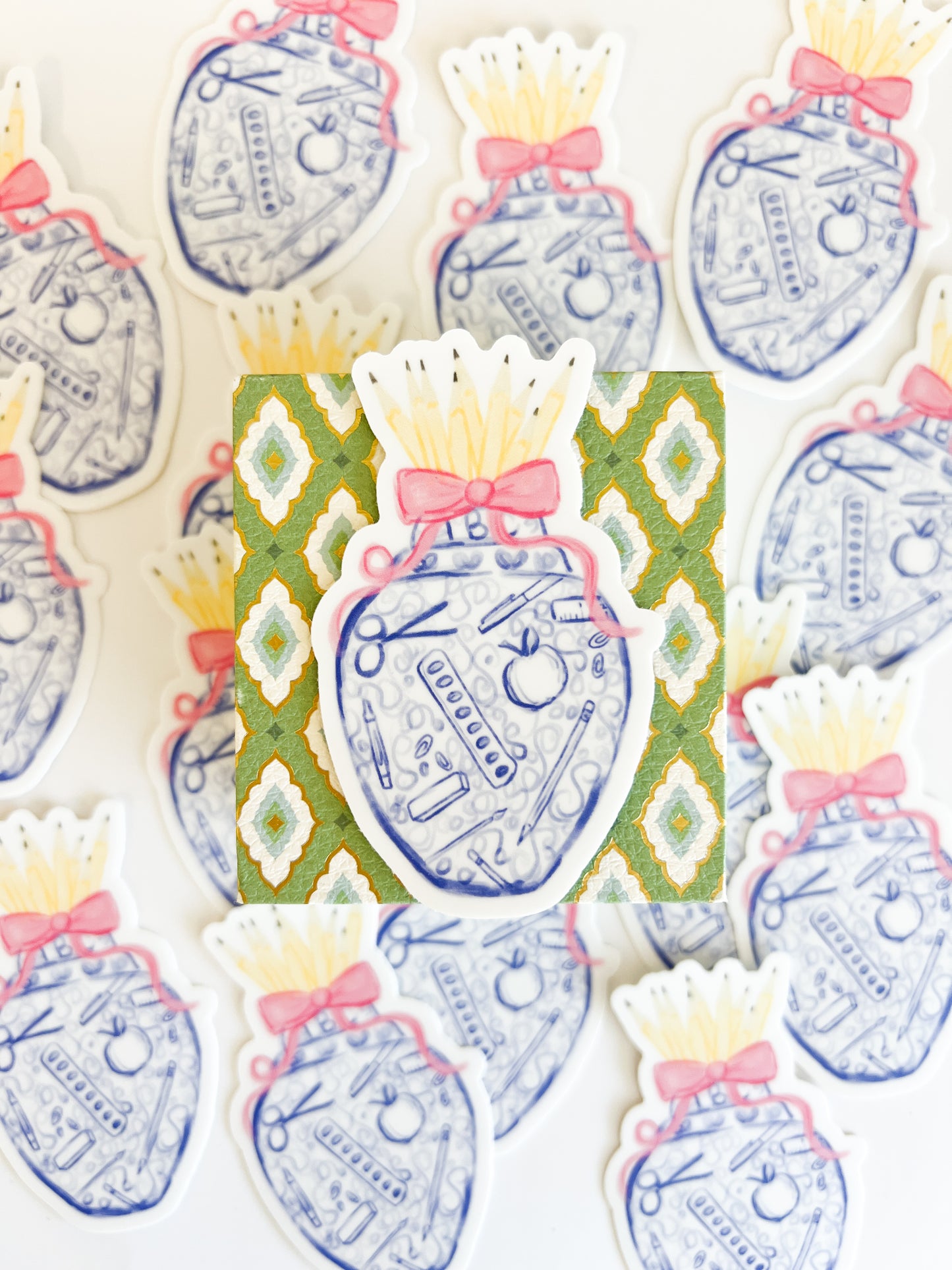 Ginger Jar Teacher Sticker Pencil Bouquet, Blue & White, Grandmillennial School Supplies Design