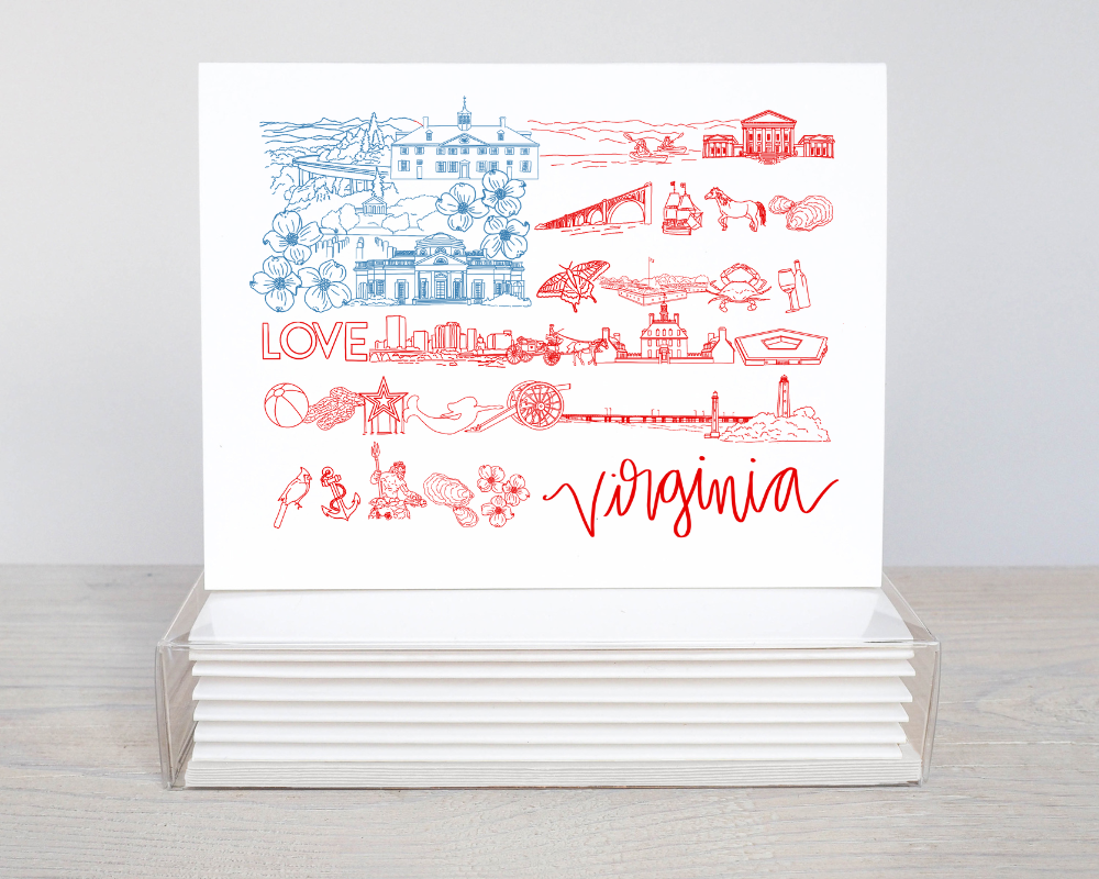 Virginia Art Notecard Set - State Landmarks Illustration – Patriotic Red, white, & Blue Home Decor – Virginia Gift or Souvenir, July decor
