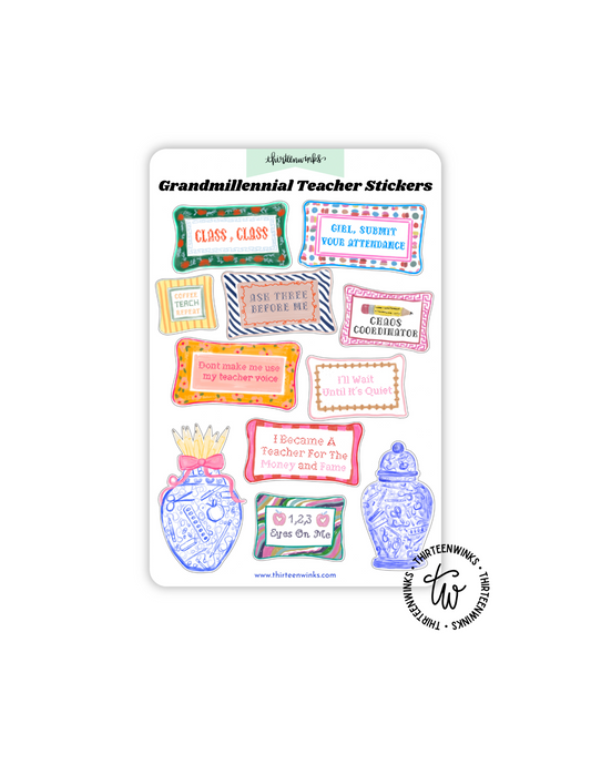 Grandmillennial Teacher Sticker Sheet – Funny Quotes & Chinoiserie-Inspired Designs