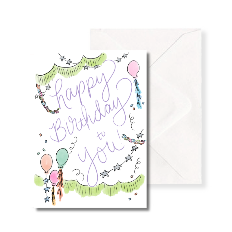Party Decor Style Birthday Card - Watercolor look- Hand drawn birthday Card