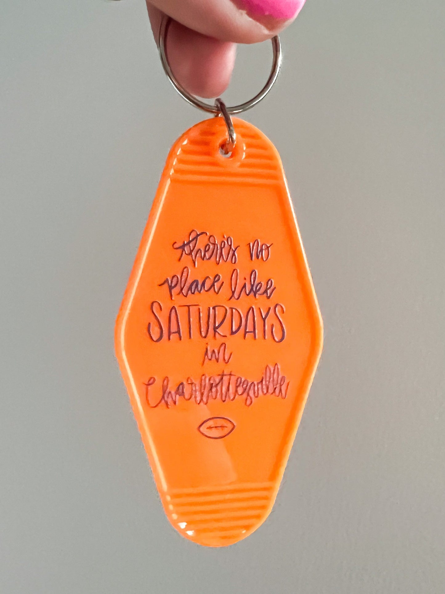 Saturdays in Charlottesville, Virginia vintage motel keychain