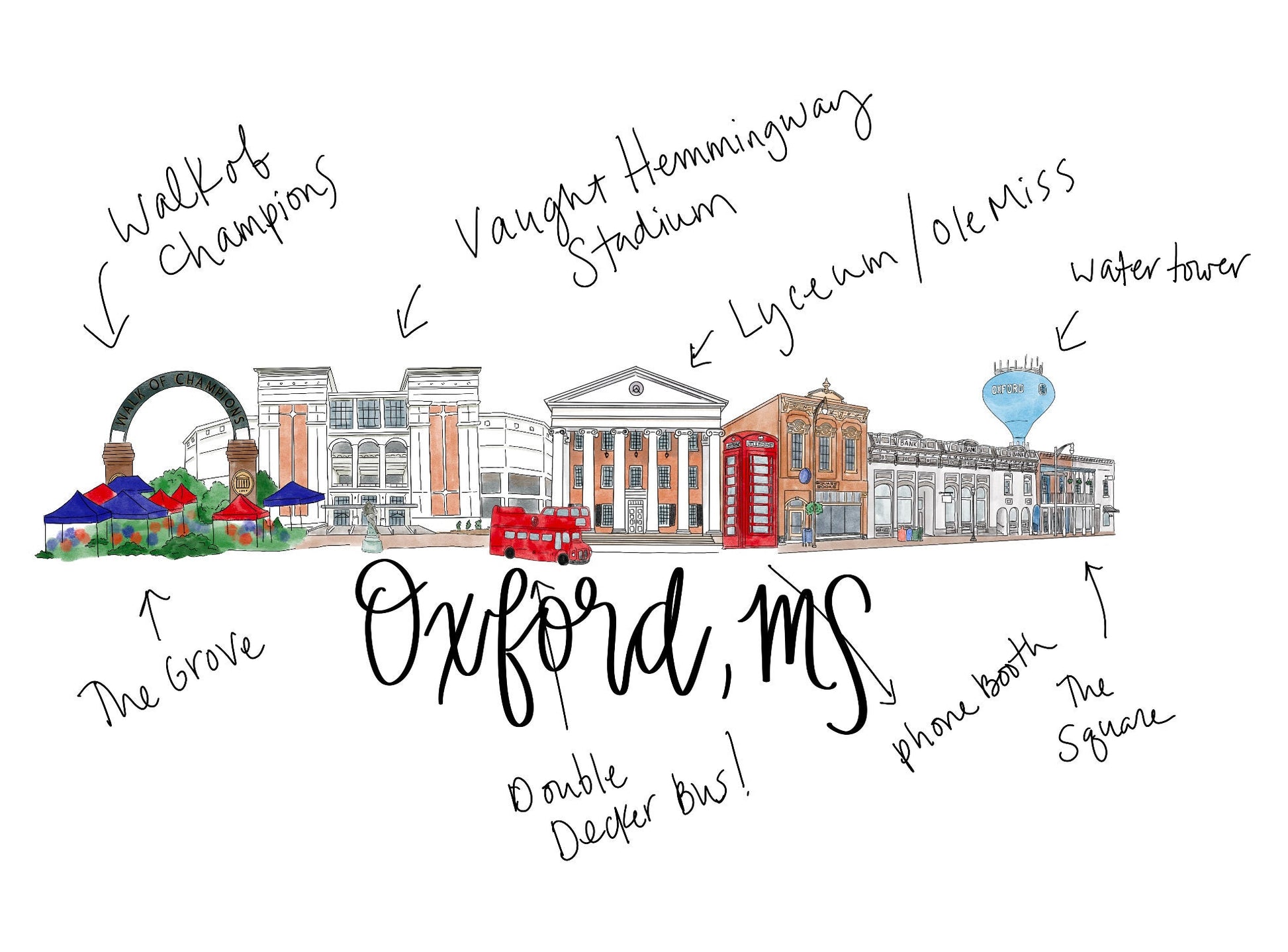 Oxford, MS Mississippi Skyline Print, Oxford Art, Double decker bus, Blue and Red