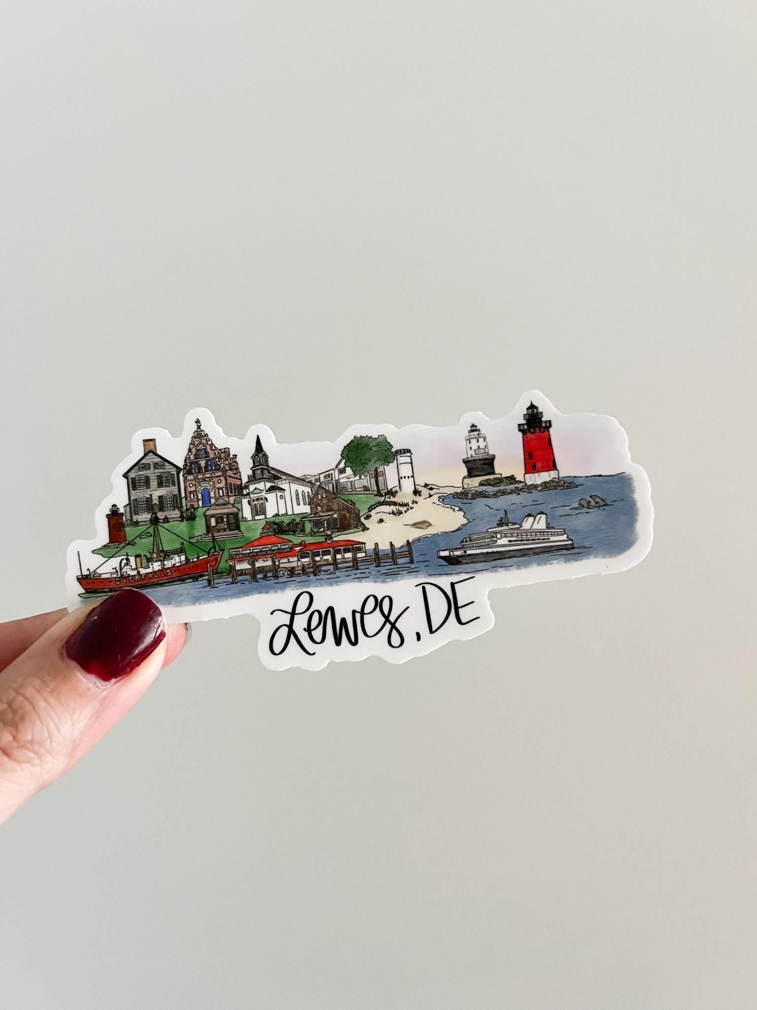 Lewes, Delaware (DE) Hand-Drawn Landmark Sticker – 4.5x2in Waterproof & Dishwasher Safe Vinyl