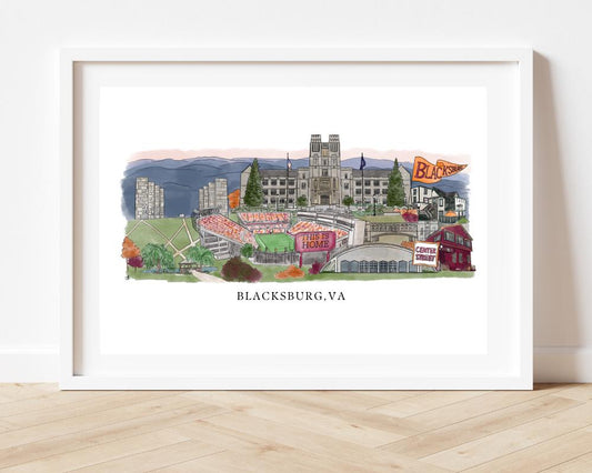 Blacksburg, VA Virginia 8x10 Art Print - Alumni Gift, Student Gift, College art