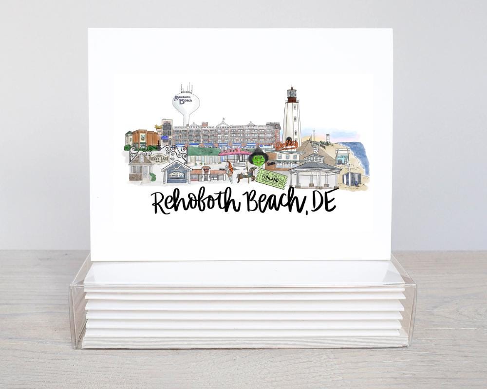 Rehoboth Beach, Delaware Hand-Drawn Landmark Collage Notecard Set – A2 Size