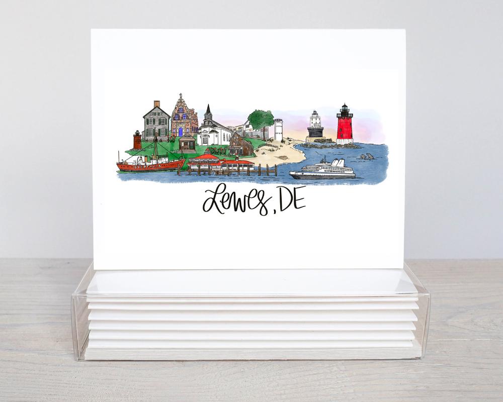 Lewes, Delaware Hand-Drawn Landmark Collage Notecard Set – A2 Size