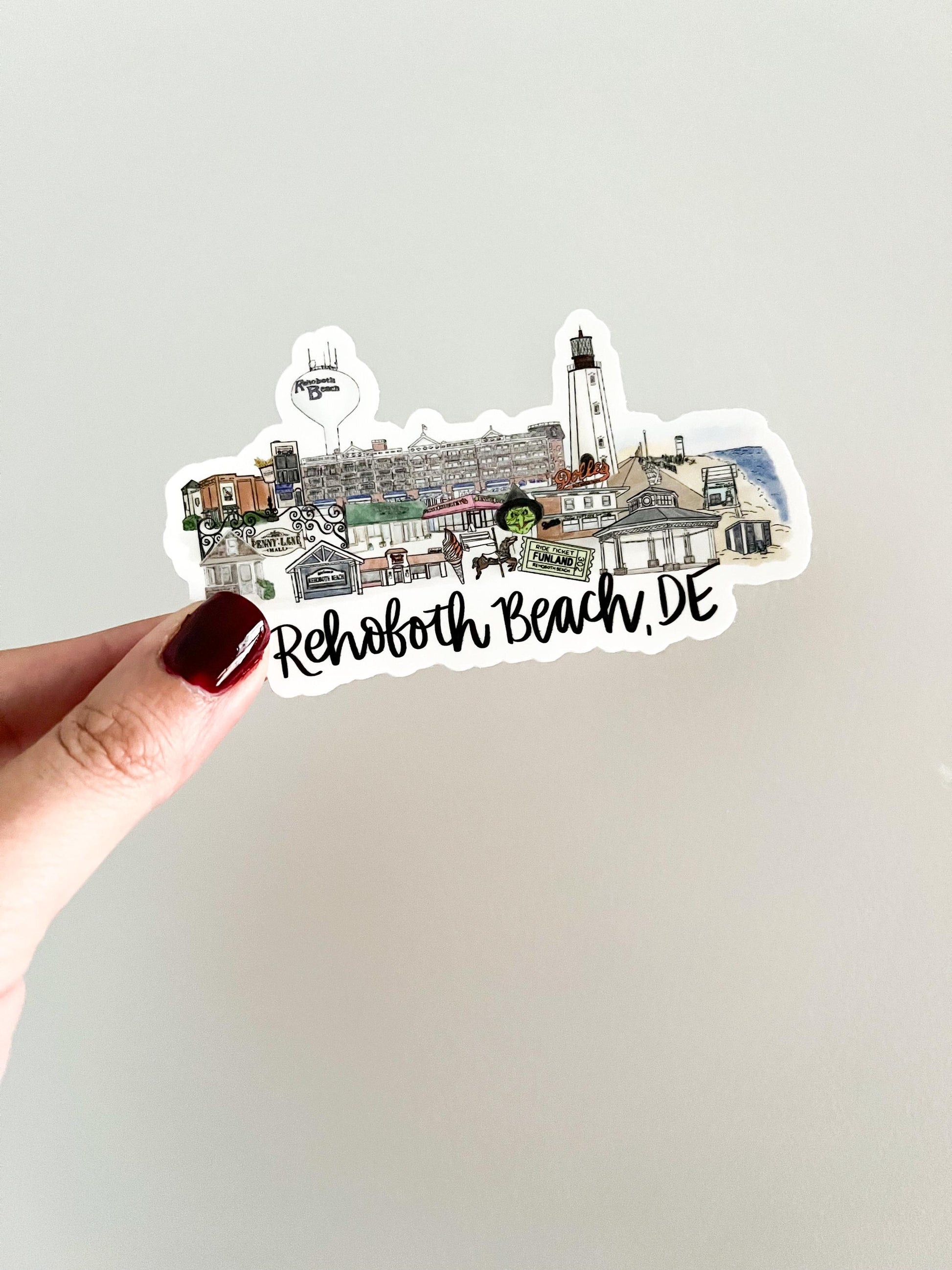 Rehoboth Beach, Delaware Hand-Drawn Landmark Collage Sticker – 5x2in Waterproof & Dishwasher Safe