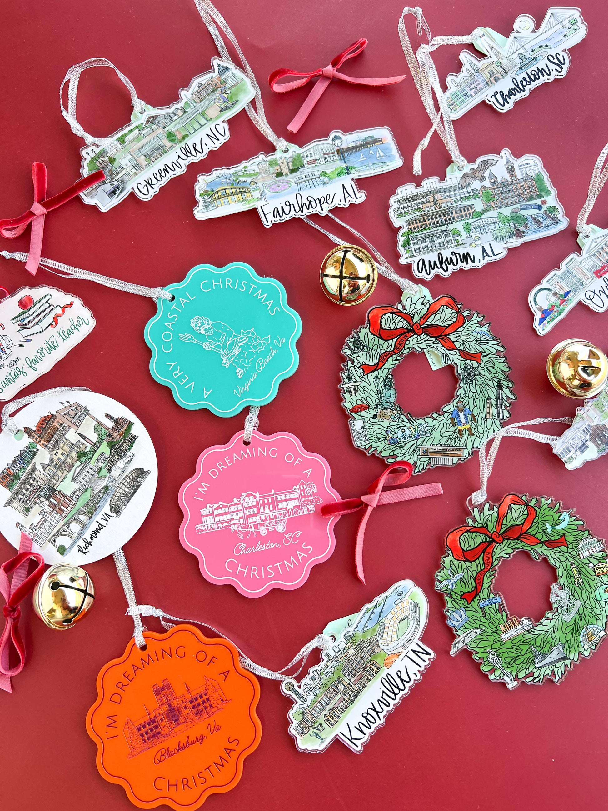 Virginia Beach landmarks incorporated as ornaments on a wreath design.