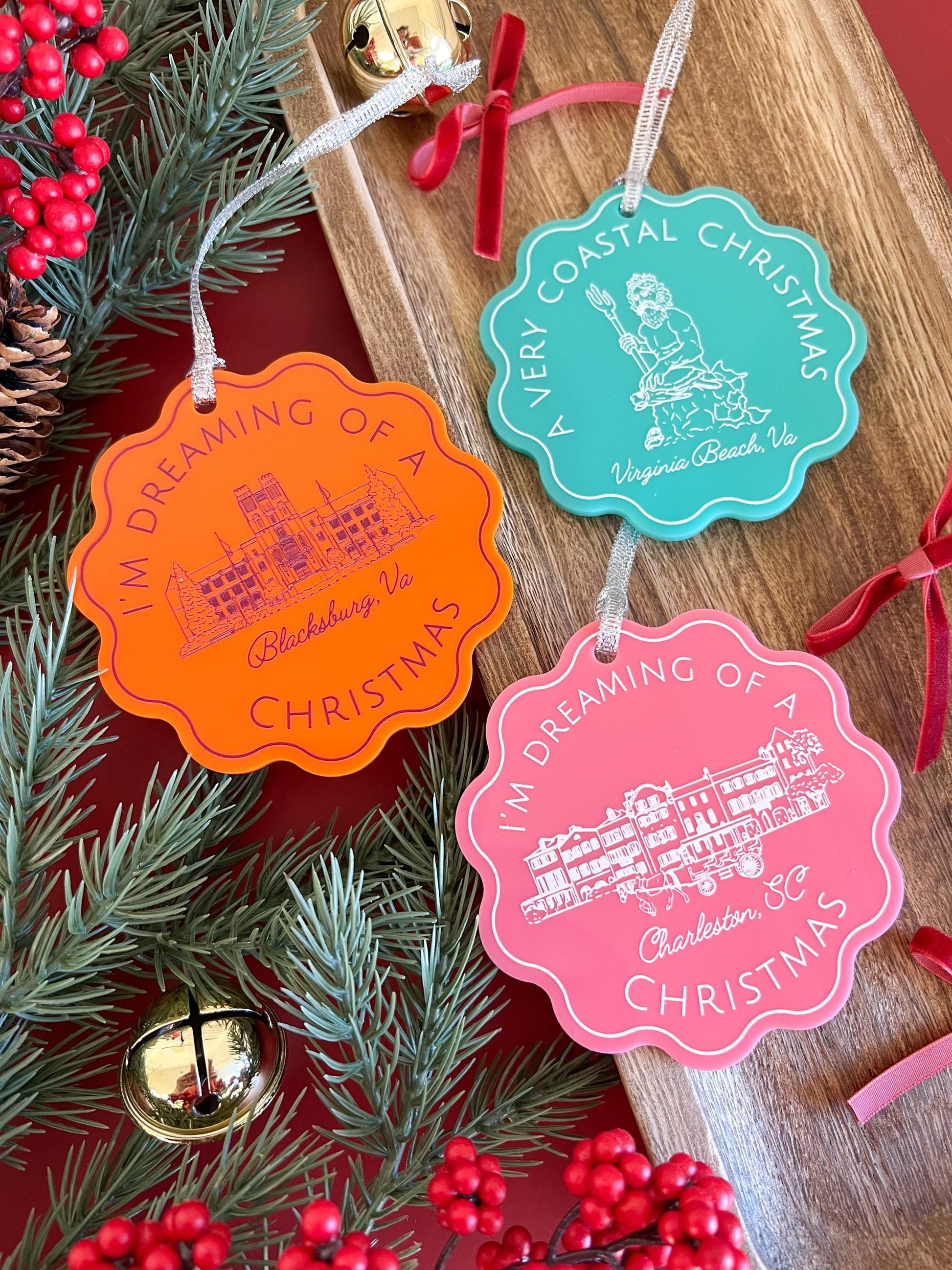 Charleston,SC Christmas Ornament - Pink Acrylic Scalloped - Rainbow Row Ornament - Bachelorette Gift