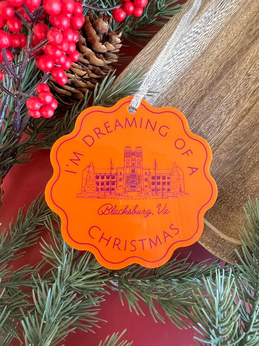 Blacksburg, VA Virginia Ornament - Orange and Maroon - Acrylic Scalloped Ornament