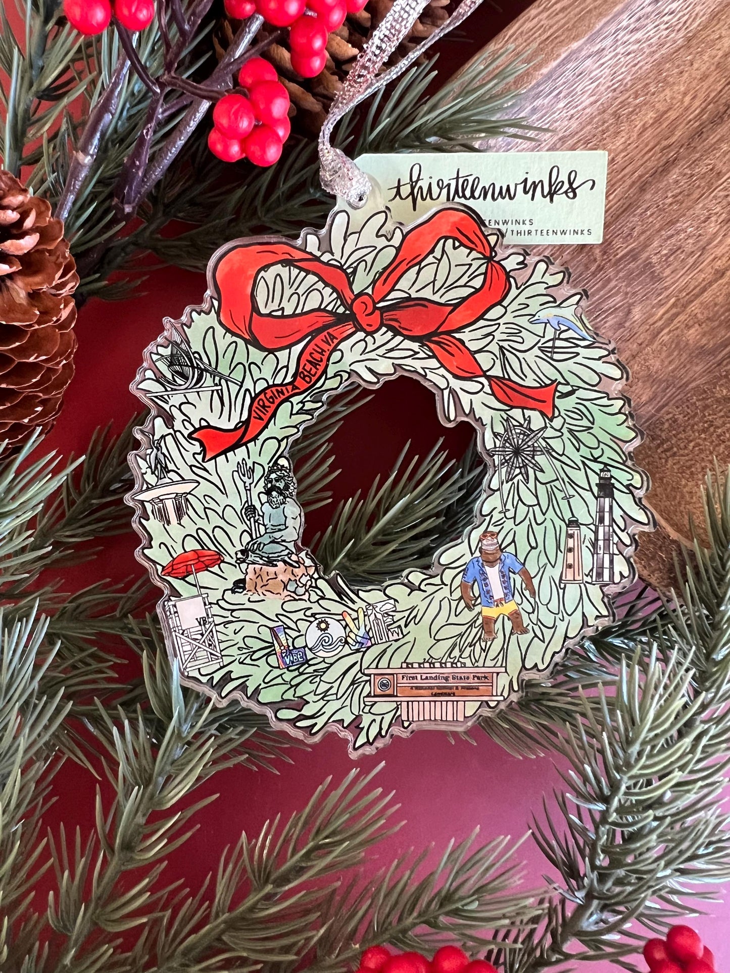 Virginia Beach, VA Landmarks Christmas Wreath Acrylic Ornament 4in