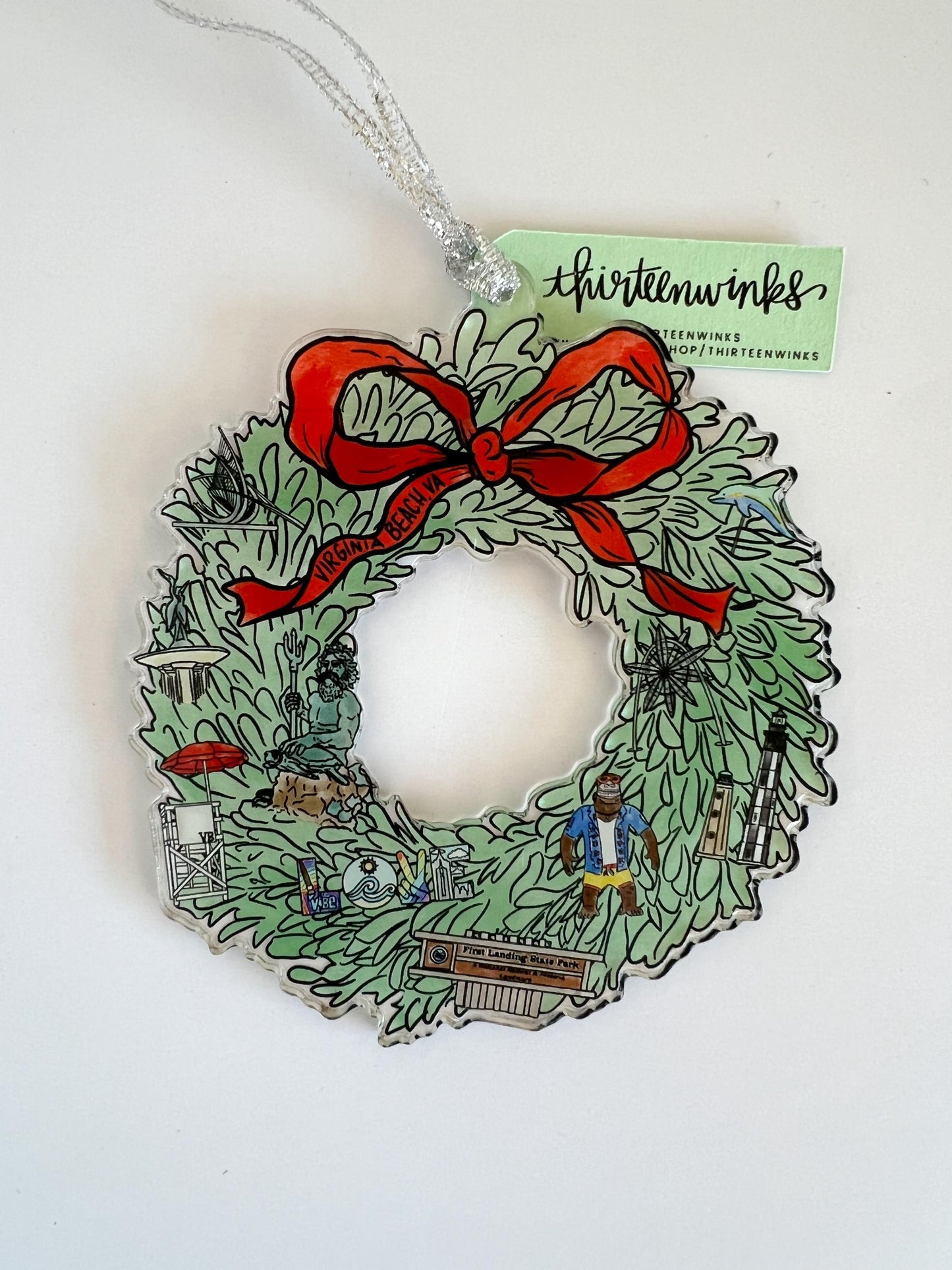 Virginia Beach, VA Landmarks Christmas Wreath Acrylic Ornament 4in