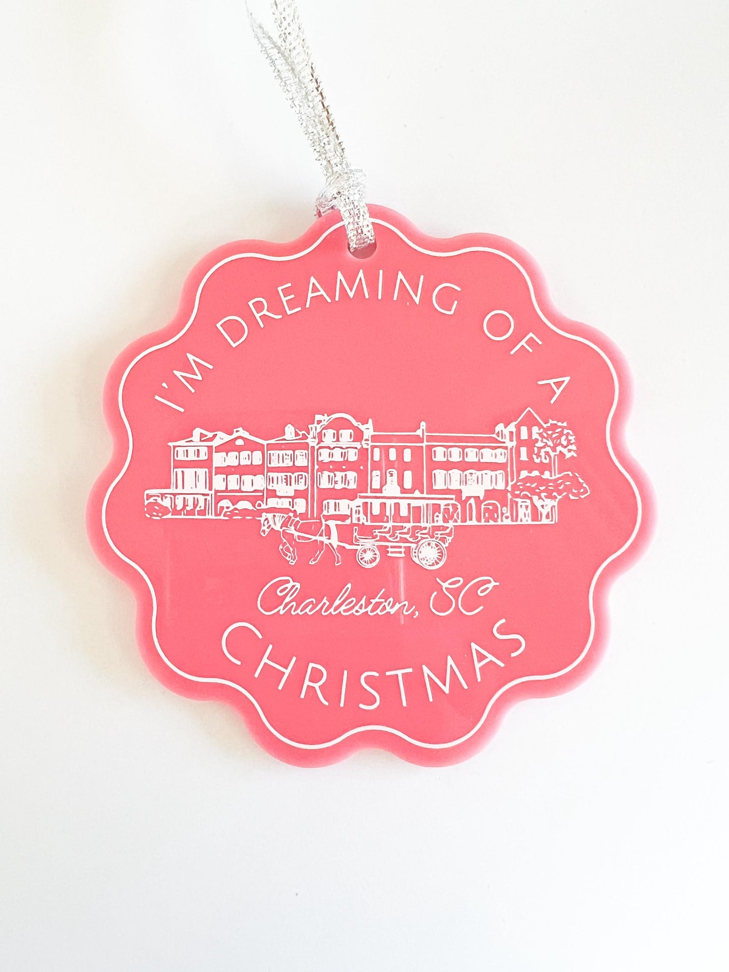 Charleston,SC Christmas Ornament - Pink Acrylic Scalloped - Rainbow Row Ornament - Bachelorette Gift