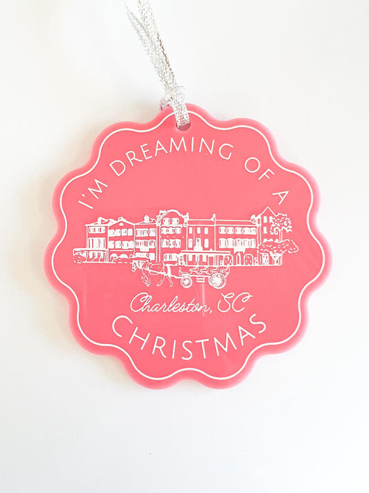 Charleston,SC Christmas Ornament - Pink Acrylic Scalloped - Rainbow Row Ornament - Bachelorette Gift