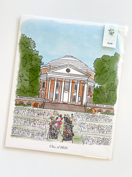 Virginia College Graduation Lawn Art Print | 8x10 Rotunda Illustration | Optional Class of 2025 Text | Charlottesville VA Graduation Gift